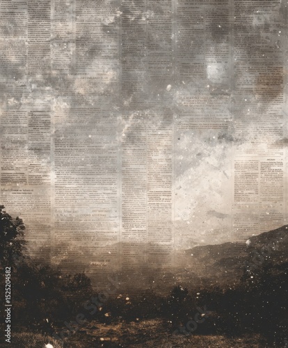 Mountains veiled in old newsprint, a textured blend of nature and information. A vintage aesthetic with modern resonance.