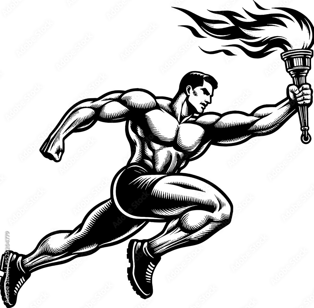 Fototapeta premium Muscular Athlete Running with Flaming Torch in Engraved Black and White Style Vector