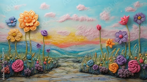 Whimsical Pastel Landscape with Miniature Flower Sculptures, Generative ai
