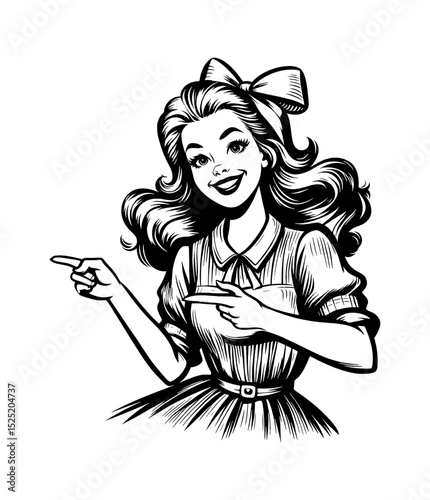 Smiling retro woman pointing with index fingers in opposite directions illustration art