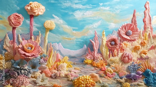 Whimsical Pastel Landscape with Miniature Flower Sculptures, Generative ai