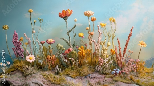 Whimsical Pastel Landscape with Miniature Flower Sculptures, Generative ai