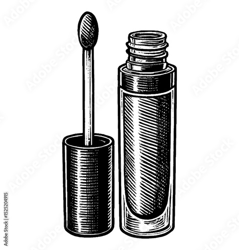 Engraved illustration of lip gloss tube and applicator on white background