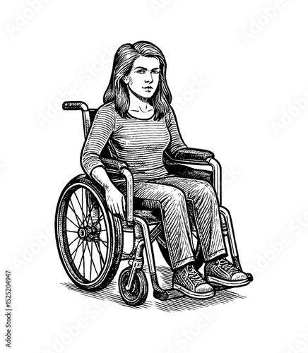 Caucasian woman in wheelchair, black and white engraving style, striped shirt and jeans, indoor setting