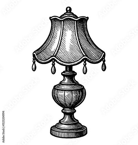 Elegant Antique Table Lamp with Decorative Shade in Detailed Black and White Engraving Style