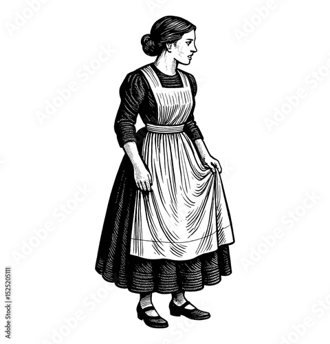 Standing woman in apron holding dress in black and white engraving style detailed line art