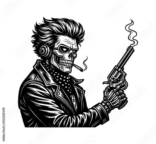 Skeleton Holding Gun Smoking Cigarette Wearing Jacket and Headphone in Black and White Illustration