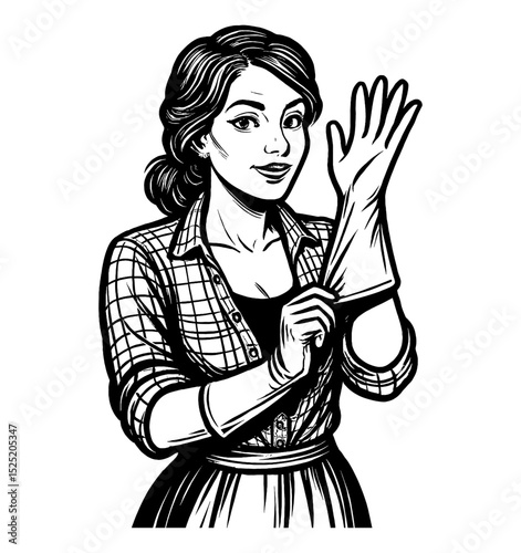 Woman Putting on Protective Gloves Ready for Work in Vintage Style Black and White Illustration