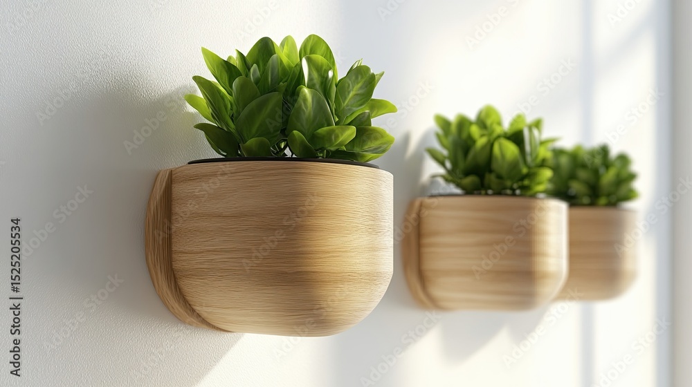 Fototapeta premium Green indoor plants in round wooden planters on wall with shadows, sunlight and minimalist decor