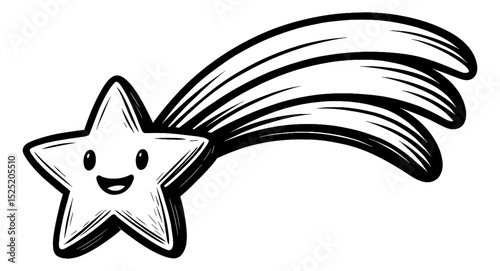 Cute Shooting Star Character with Smiling Face in Black and White Illustration