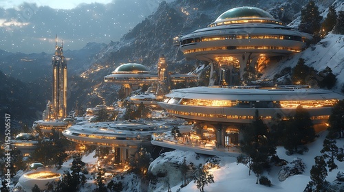 Futuristic city in snowy mountains