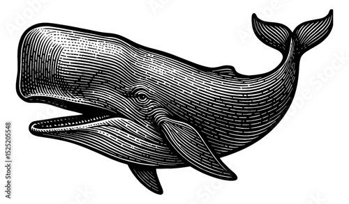 Engraved Illustration of a Sperm Whale Swimming in Black and White Detailed Line Art