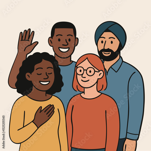 Diverse group of smiling people in flat cartoon illustration
