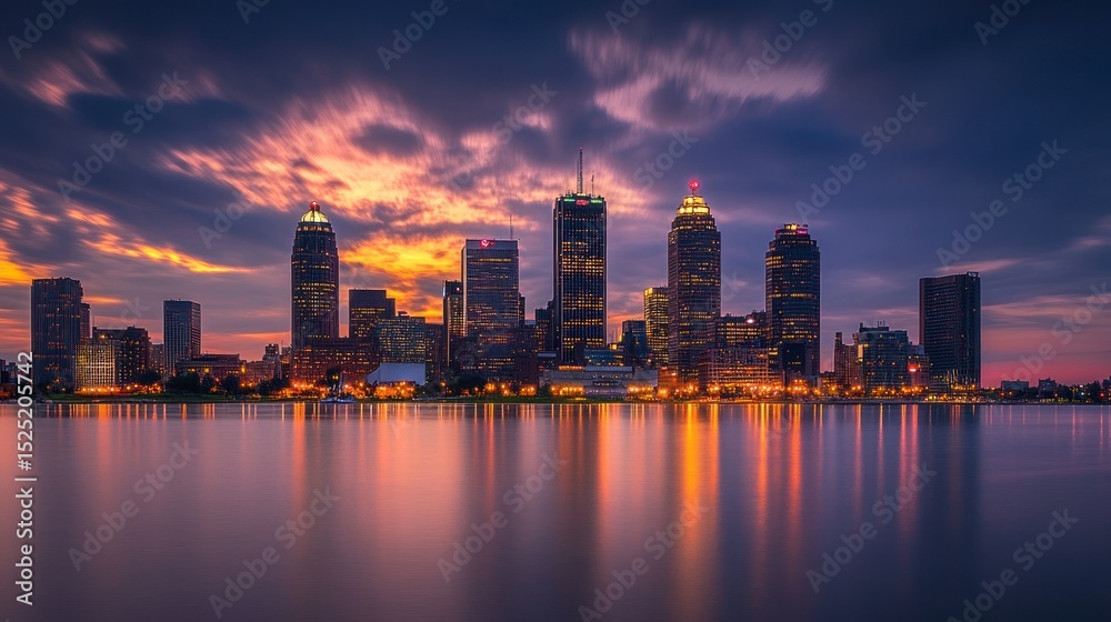Fototapeta premium Cityscape at twilight: a serene skyline mirrored on tranquil waters