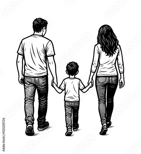 Family Walking Together Holding Hands From Behind View in Black and White Illustration