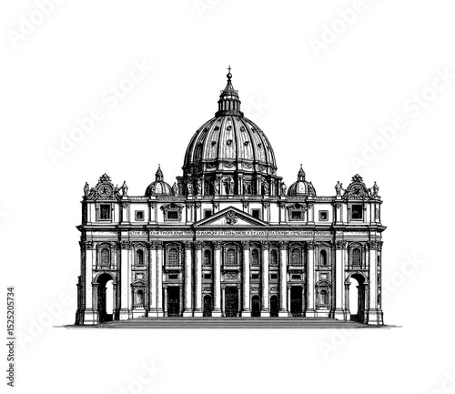 Detailed Black and White Engraving of St Peters Basilica Front View