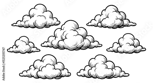Set of cartoon clouds with black outline on white background weather element vector