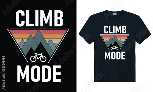Geometric climb mode mountain biking t-shirt design with triangle background and clean vector lines