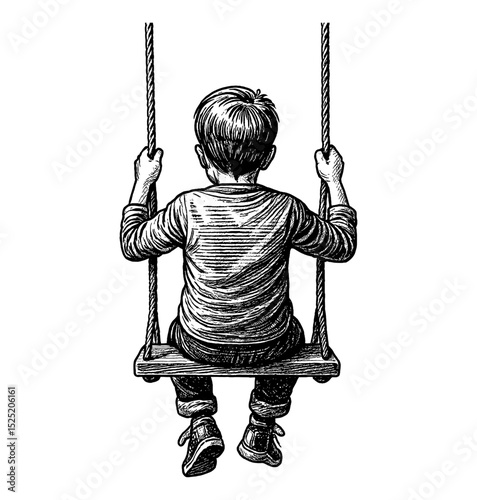 A Boy Sitting on a Swing in Engrave Style Back View Black and White Isolated