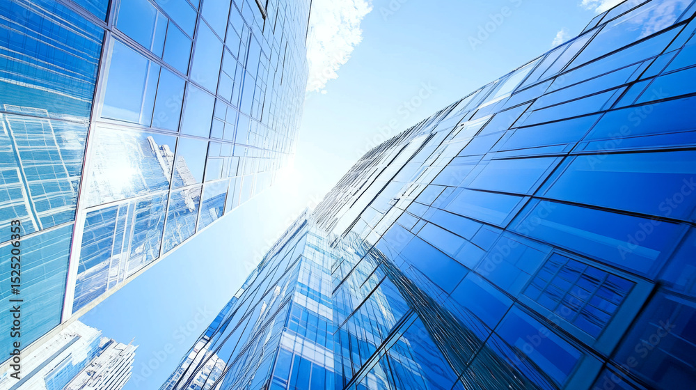 Obraz premium Looking up at modern office building with glass curtain wall, business architecture
