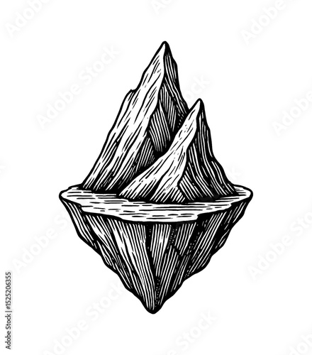 Detailed Black and White Engraving of Floating Mountain with Water Landscape Isolated