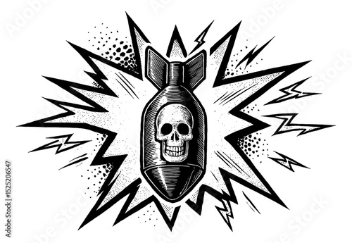 Skull Face Bomb Explosion Engraving Style Detailed Black and White Line Art Drawing