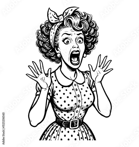 A Retro Style Illustration of a Shocked Woman Screaming with Open Mouth in Black and White