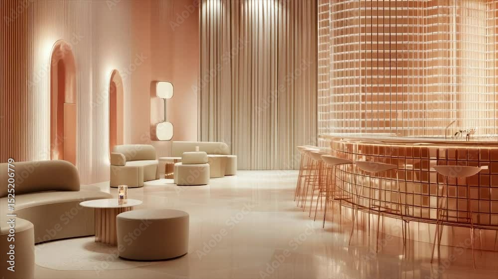 Modern, minimalist lounge and bar area in a soft peach color palette.  Curved seating, round tables, and a curved bar.  Soft lighting