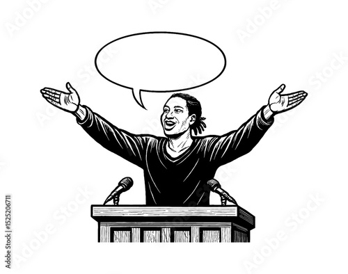 African American Woman Giving a Speech with Arms Open on Podium Illustration