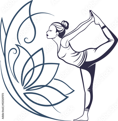 Woman practicing yoga natarajasana pose line art illustration
