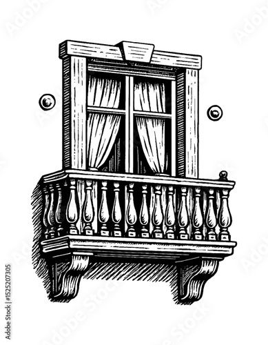 Detailed Black and White Engraving of an Ornate Balcony with a Window and Curtains
