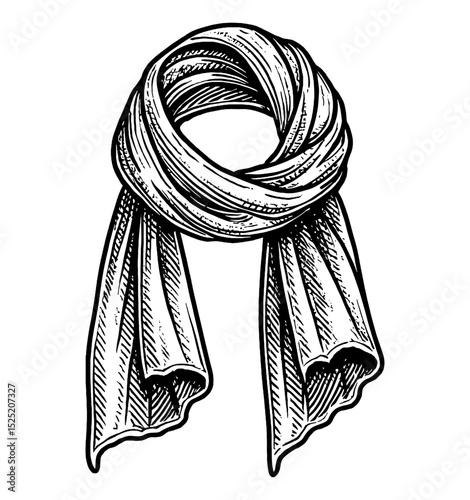 Detailed Engraved Illustration of a Classic Looped Scarf in Black and White