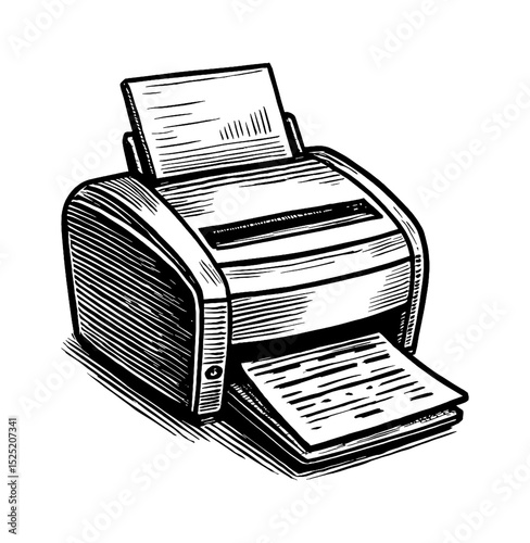 Printer printing documents illustration in detailed black and white outline art drawing