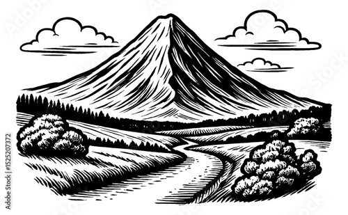 Woodcut Style Landscape with Mountain, Clouds, Road and Trees in Black and White