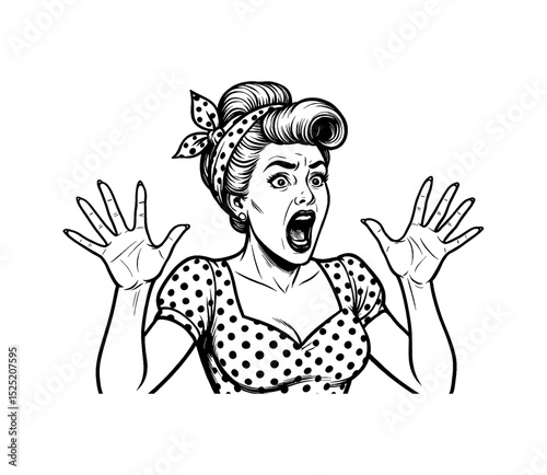 Surprised Pinup Woman Screaming with Hands Up in Polka Dot Dress Black and White Illustration
