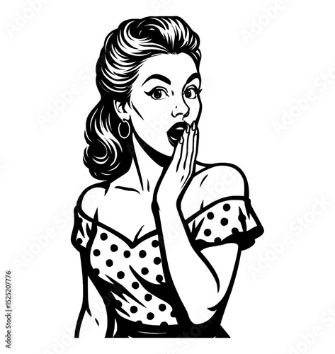 Surprised Caucasian Woman in Polka Dot Dress with Hand to Mouth Black and White Pop Art