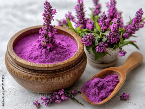 A bowl of purple powder and a spoon next to it. The bowl is filled with purple powder and the spoon is placed on top of it. Concept of calmness and relaxation