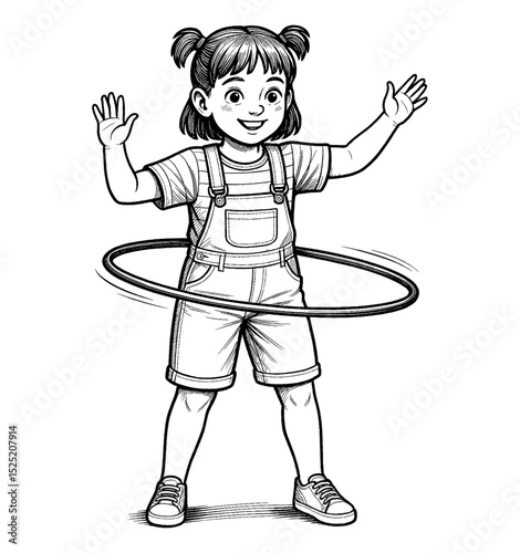 Smiling Girl Playing Hula Hoop with Arms Up in Black and White Line Art Illustration