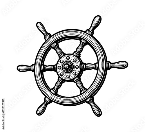 Engraved Style Ship Steering Wheel in Black and White Detailed Illustration Isolated on White