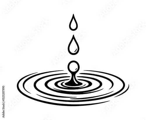 Water Drops Falling Into Water Creating Ripples in Black and White Illustration