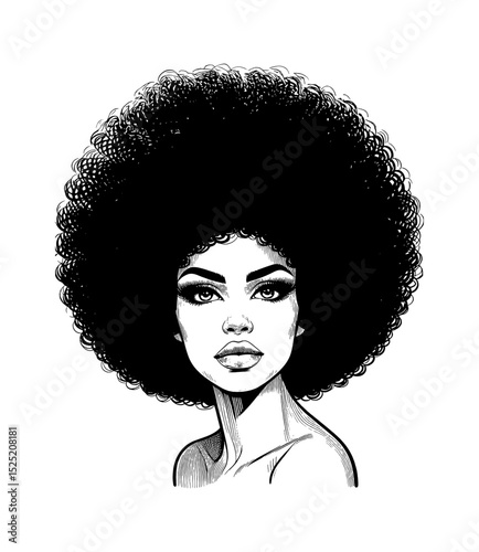 African American Woman with Afro Hairstyle in Black and White Illustration, Portrait