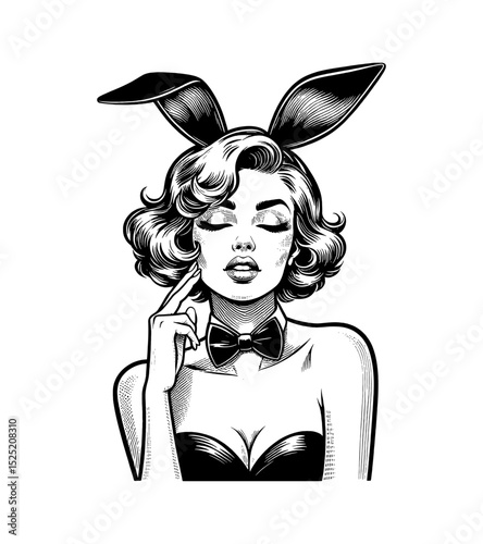 Glamorous woman with bunny ears and bow tie in black and white drawing