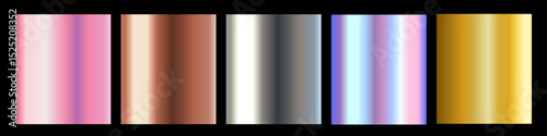 Vector set of different foil metallic gradation texture in frame. Metal effect. 3d realistic style design of rose gold, yellow gold, silver, bronze and holographic color shiny metal gradient