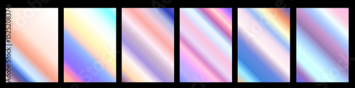 3d realistic style design of shiny blue, yellow and purple metallic gradient pattern. Vector set of different holographic textured gradation swatch in frame. Background set. Overexposed film effect