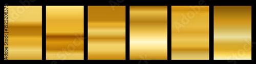 Vector background set. Set of different golden foil metallic texture gradation. 3d realistic style design of yellow gold shiny gradient with stripe for border, ribbon, frame