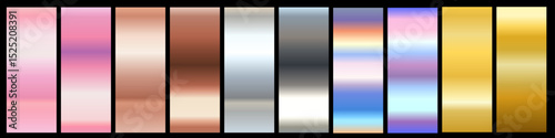 3d realistic style design of yellow gold, rose gold, holographic, silver and bronze color shiny metal gradient. Vector set of different foil metallic gradation texture in frame. Metal effect