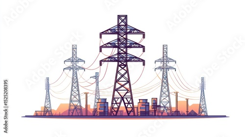 A stylized illustration depicts a cluster of high-voltage power transmission towers against a sunset backdrop, suggesting a power grid infrastructure scene