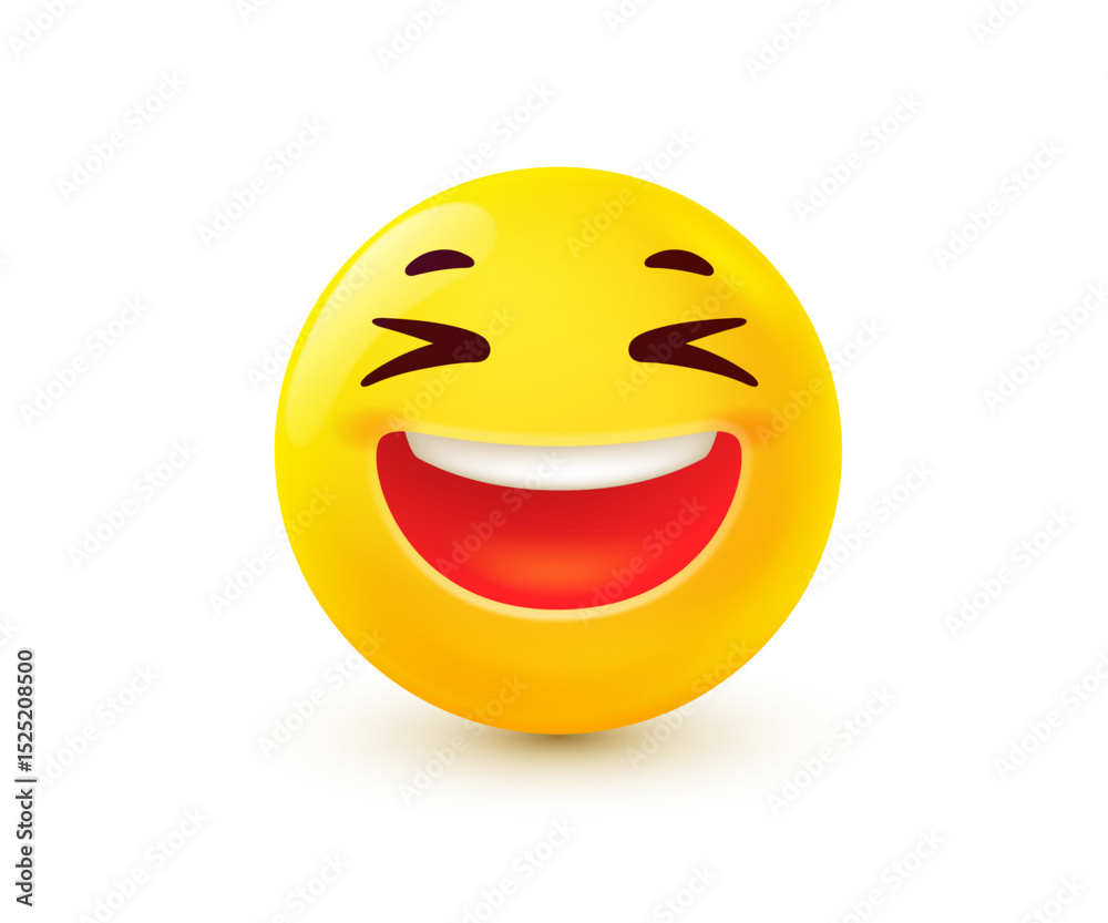 Fototapeta premium Vector illustration of yellow smile emoji. Happy emotion face with smile, joy and laughter. 3d cartoon style design of positive emoticon. Funny smiley character icon. Happy mood and facial expression