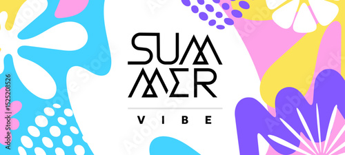 Vector seasonal illustration. Flat creative cartoon style design of summer template with tropical flower and leaves. Summer geometric background with abstract shape and text