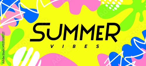Vector cartoon illustration of summer geometric tropical background with abstract shape. Flat creative seasonal style design of bright template with line and summer text